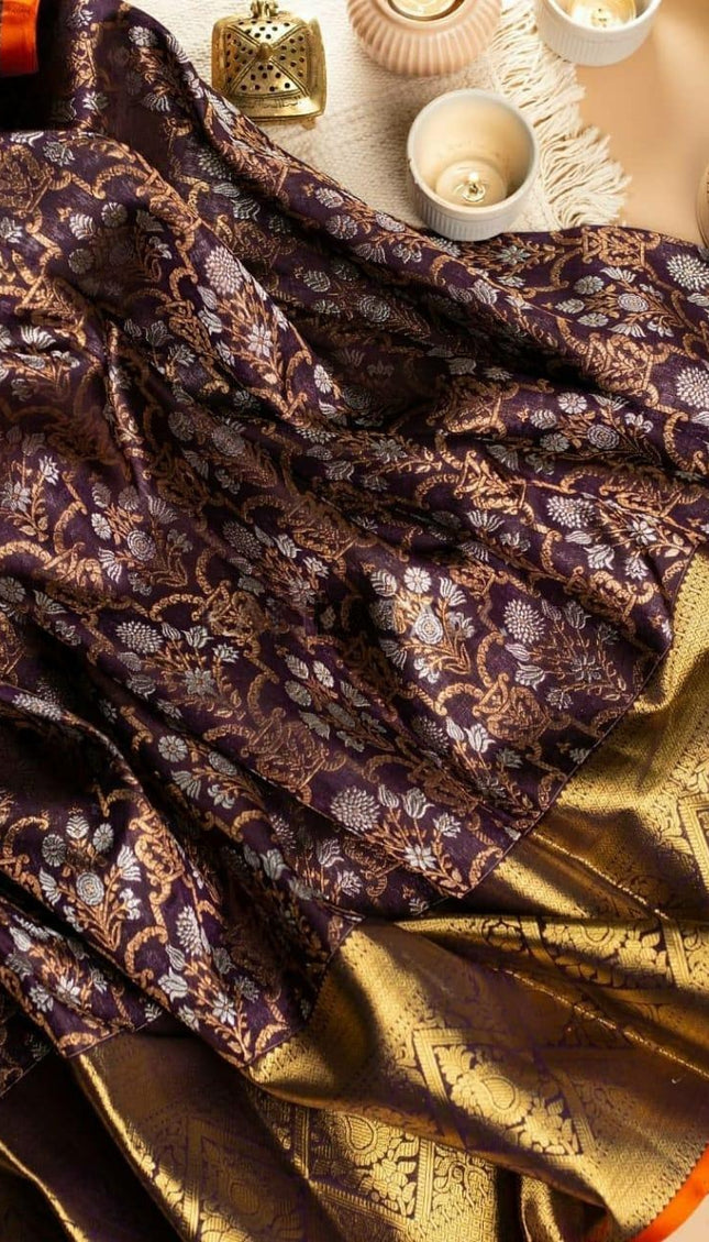 Kaushiki – Wine Banarasi Silk Saree with Intricate Jacquard Floral Weave