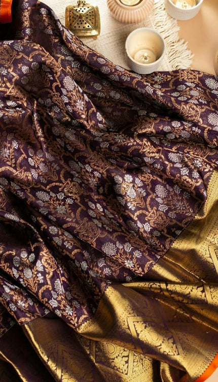 Kaushiki – Wine Banarasi Silk Saree with Intricate Jacquard Floral Weave