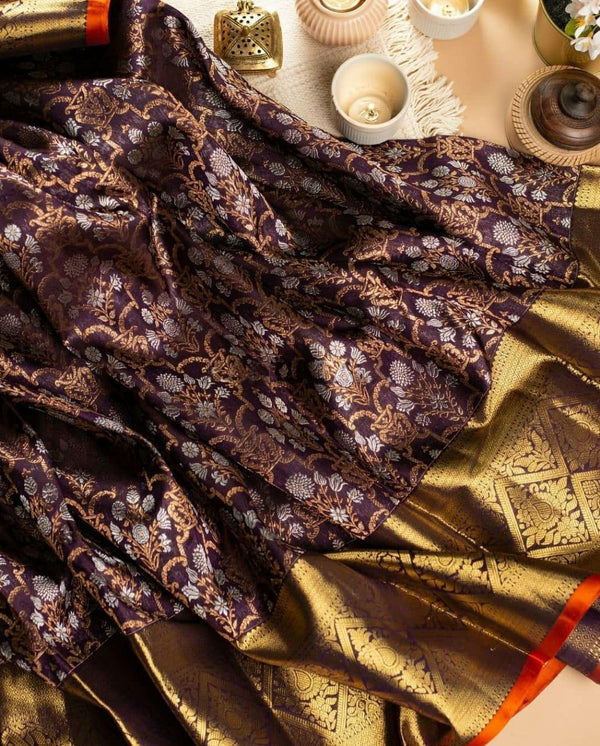 Kaushiki – Wine Banarasi Silk Saree with Intricate Jacquard Floral Weave