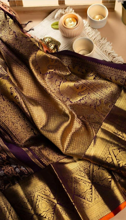 Kaushiki – Wine Banarasi Silk Saree with Intricate Jacquard Floral Weave