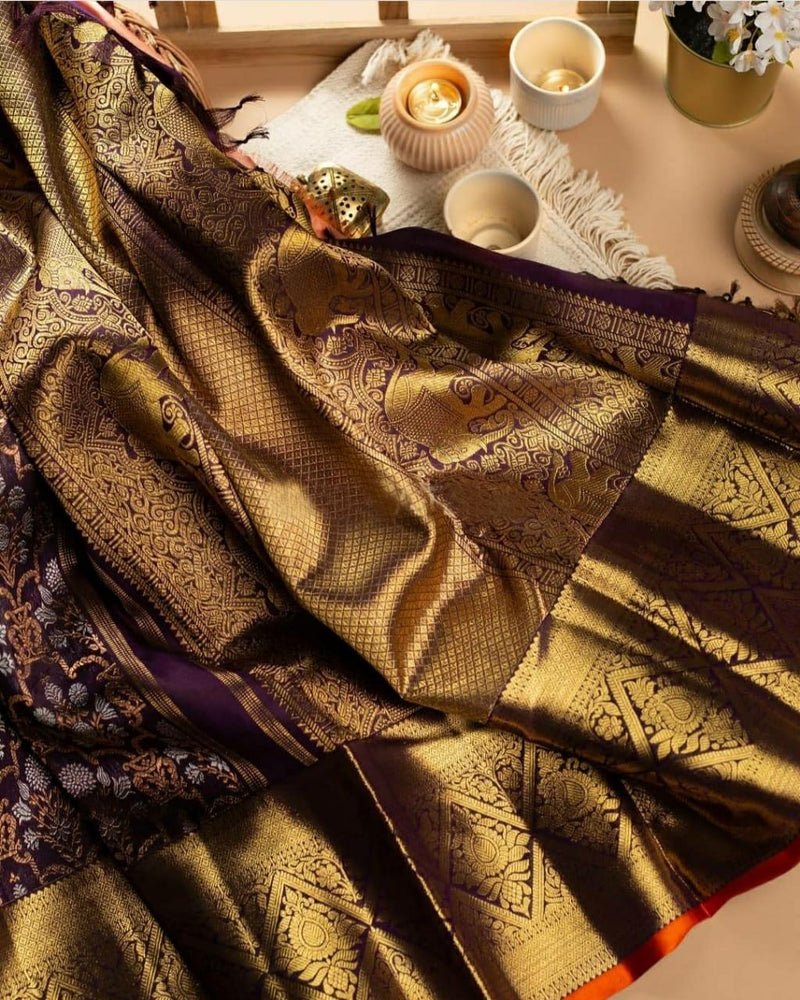 Kaushiki – Wine Banarasi Silk Saree with Intricate Jacquard Floral Weave