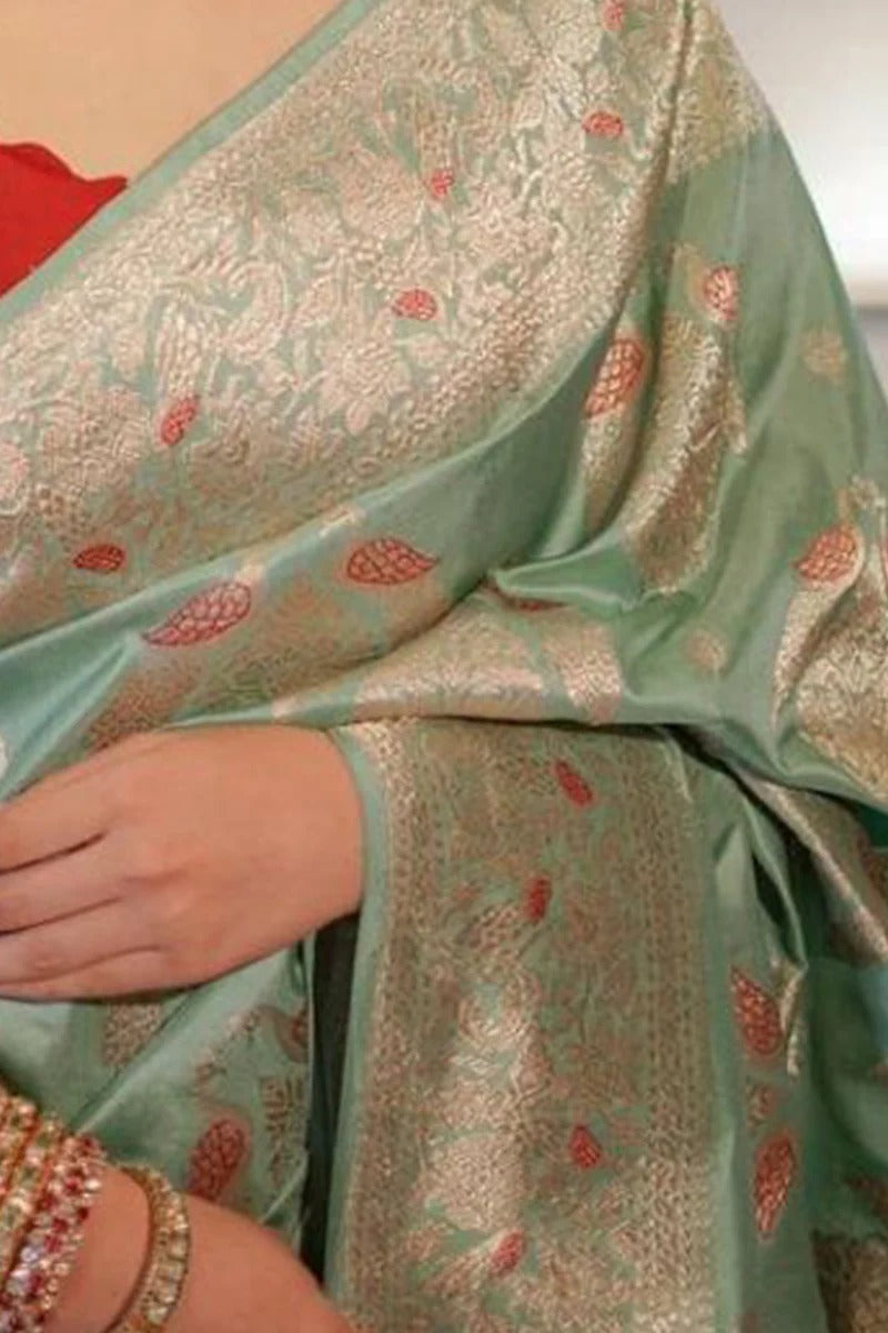 Saanvika – Sea Green Soft Silk Saree with Jacquard Weaving & Rich Red Blouse