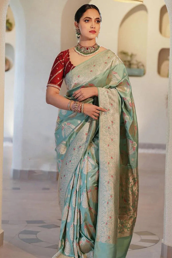 Saanvika – Sea Green Soft Silk Saree with Jacquard Weaving & Rich Red Blouse