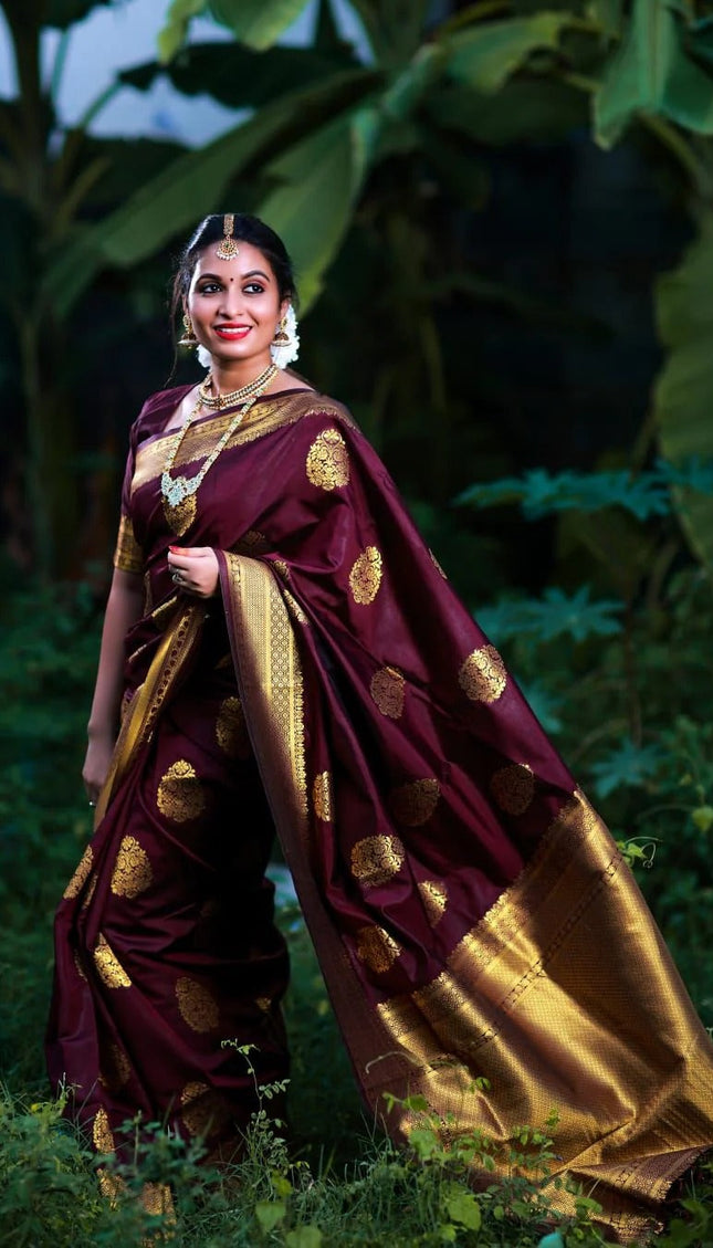 Vanshika – Maroon Soft Banarasi Silk Saree with Jacquard Weaving