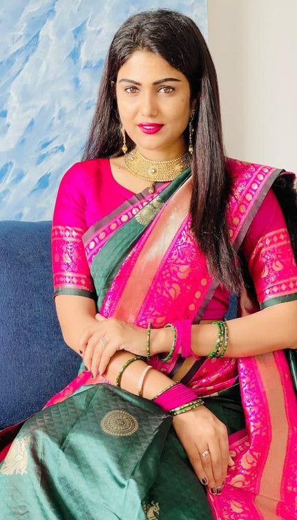 Nandita - Green Banarasi Silk Saree with Firozi Jacquard Blouse