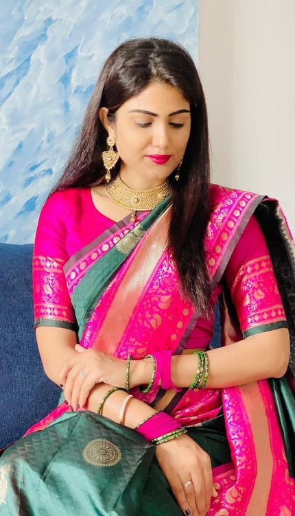 Nandita - Green Banarasi Silk Saree with Firozi Jacquard Blouse