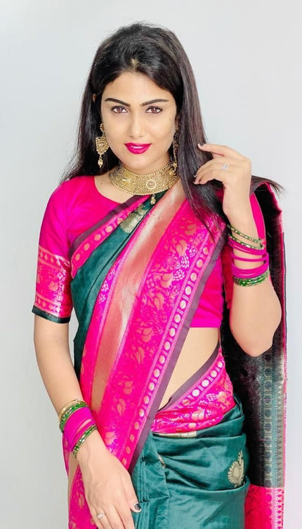 Nandita - Green Banarasi Silk Saree with Firozi Jacquard Blouse