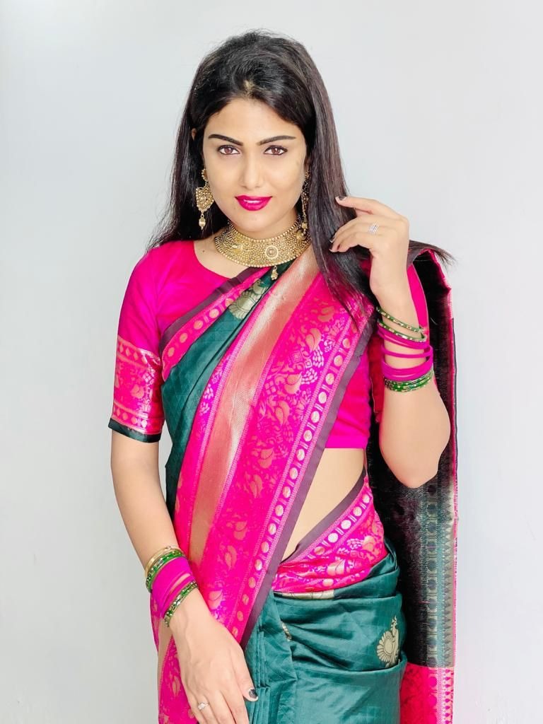 Nandita - Green Banarasi Silk Saree with Firozi Jacquard Blouse
