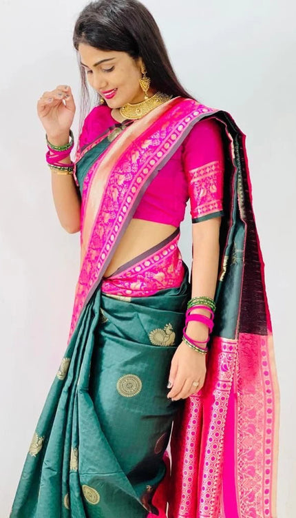 Nandita - Green Banarasi Silk Saree with Firozi Jacquard Blouse