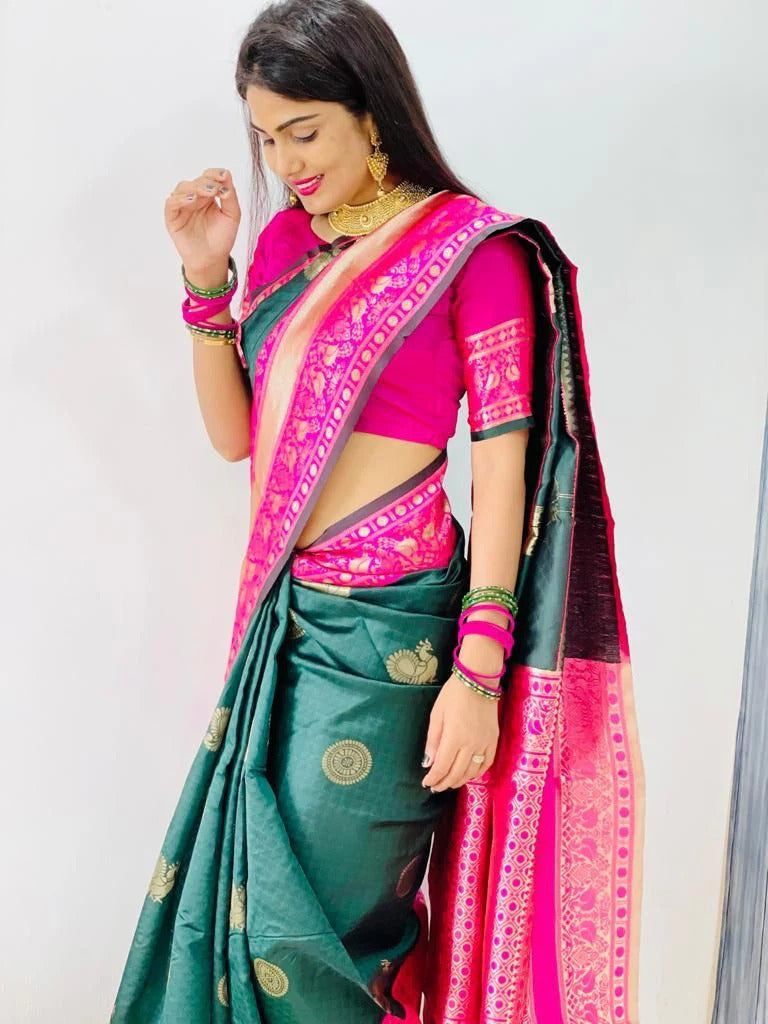 Nandita - Green Banarasi Silk Saree with Firozi Jacquard Blouse