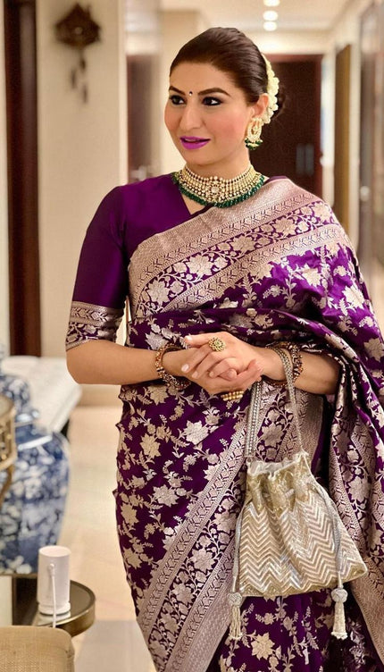 Dipali - Wine Banarasi Silk Saree with Silver Zari Floral Weaving