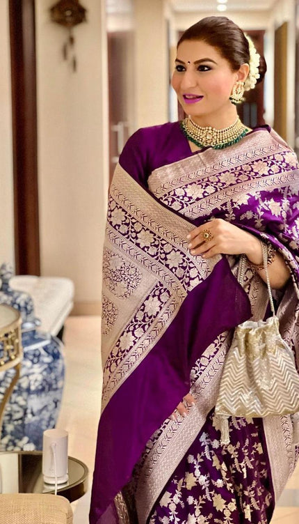 Dipali - Wine Banarasi Silk Saree with Silver Zari Floral Weaving