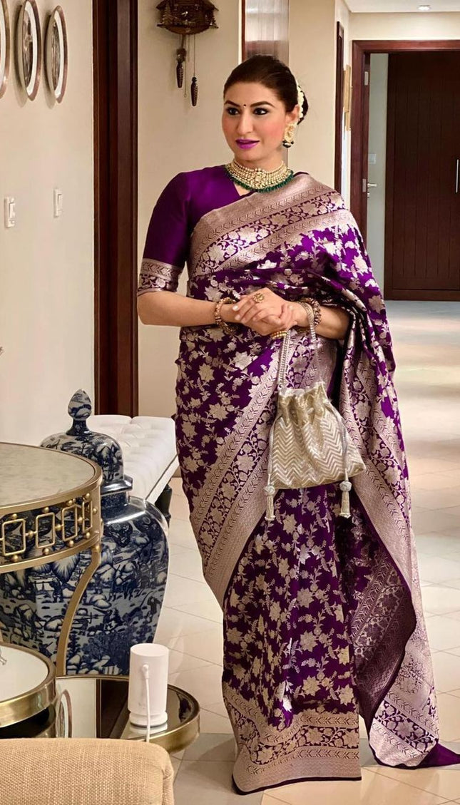 Dipali - Wine Banarasi Silk Saree with Silver Zari Floral Weaving