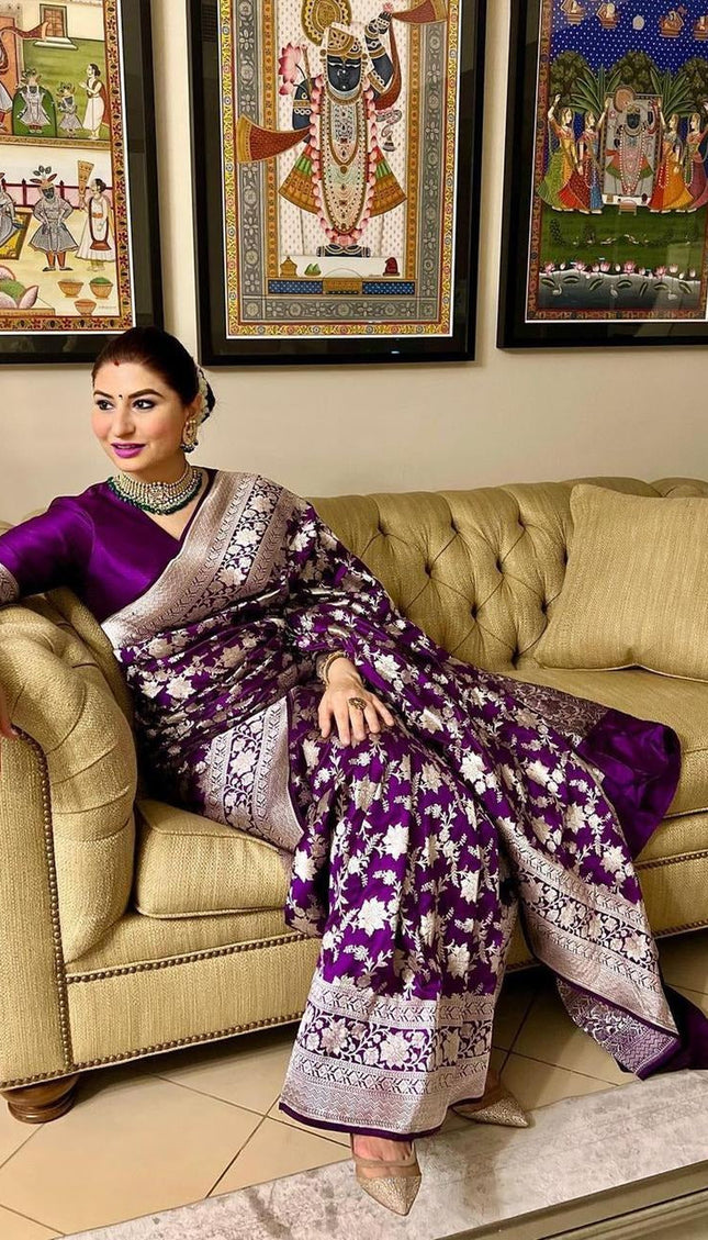 Dipali - Wine Banarasi Silk Saree with Silver Zari Floral Weaving