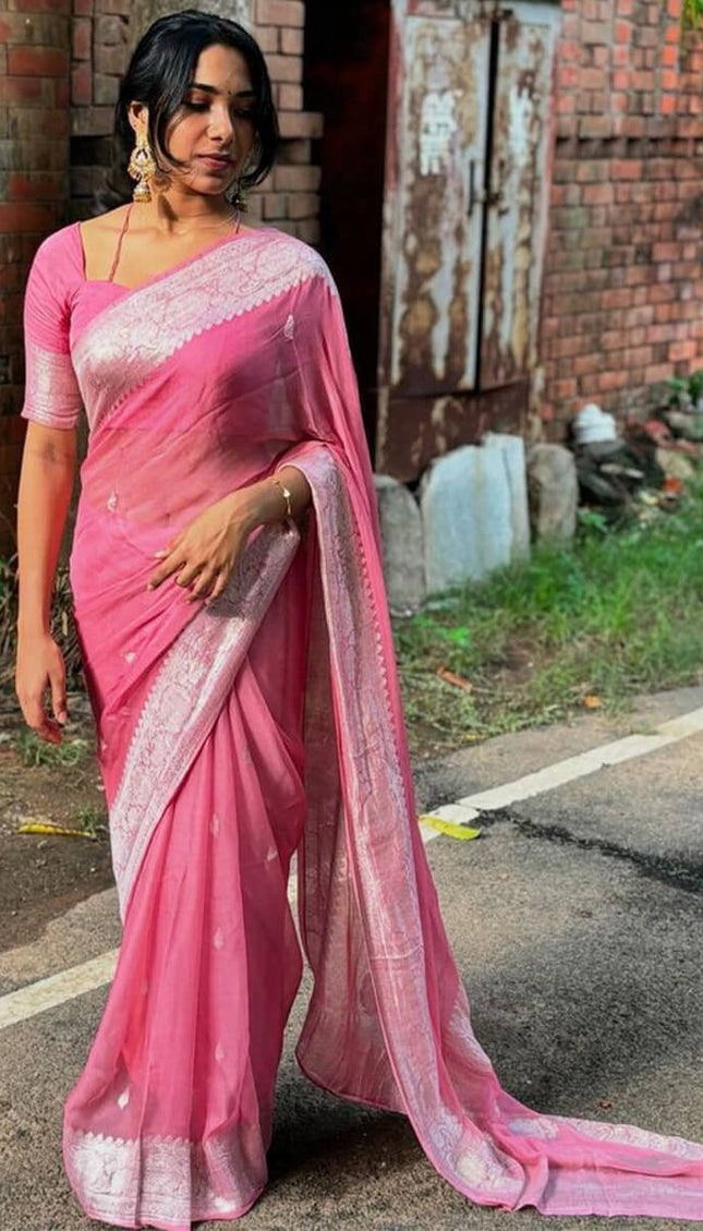 Sushila – Pink Pure Linen Silk Saree with Jacquard Detailing