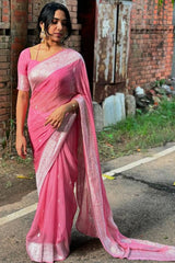 Sushila – Pink Pure Linen Silk Saree with Jacquard Detailing