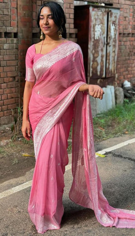 Sushila – Pink Pure Linen Silk Saree with Jacquard Detailing