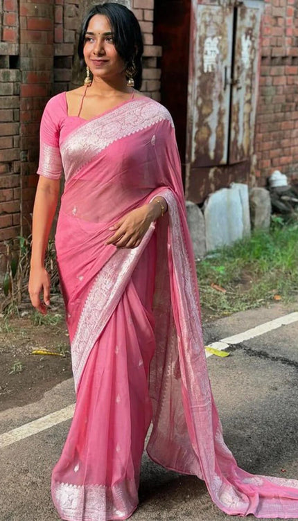 Sushila – Pink Pure Linen Silk Saree with Jacquard Detailing