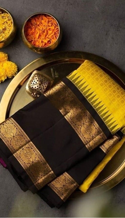 Sharvani – Yellow Soft Banarasi Silk Saree with Black Jacquard Blouse