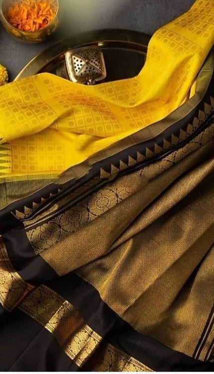 Sharvani – Yellow Soft Banarasi Silk Saree with Black Jacquard Blouse