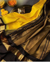 Sharvani – Yellow Soft Banarasi Silk Saree with Black Jacquard Blouse