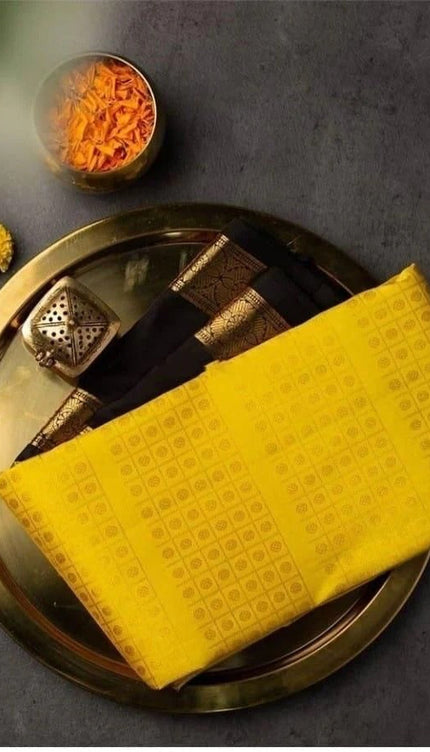 Sharvani – Yellow Soft Banarasi Silk Saree with Black Jacquard Blouse