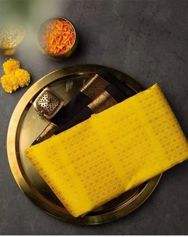Sharvani – Yellow Soft Banarasi Silk Saree with Black Jacquard Blouse