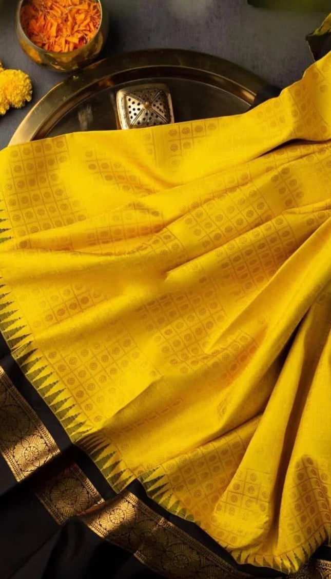 Sharvani – Yellow Soft Banarasi Silk Saree with Black Jacquard Blouse