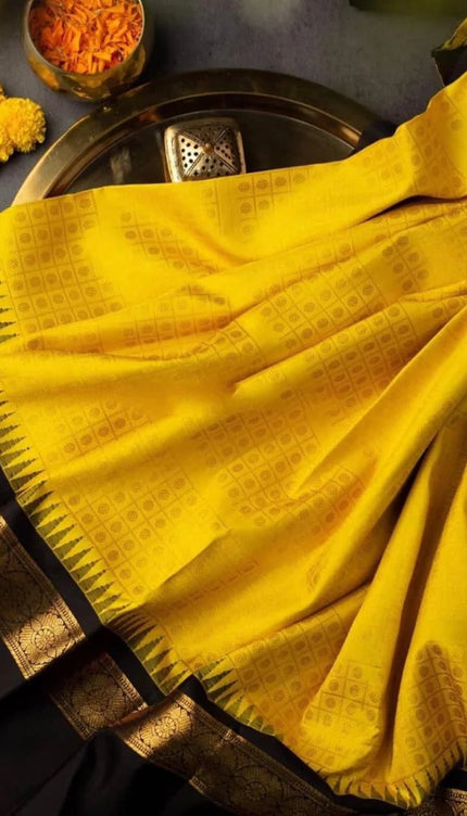 Sharvani – Yellow Soft Banarasi Silk Saree with Black Jacquard Blouse