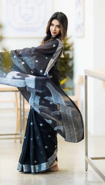 Samaira - Black Soft Silk Saree with Subtle Jacquard and Matching Blouse