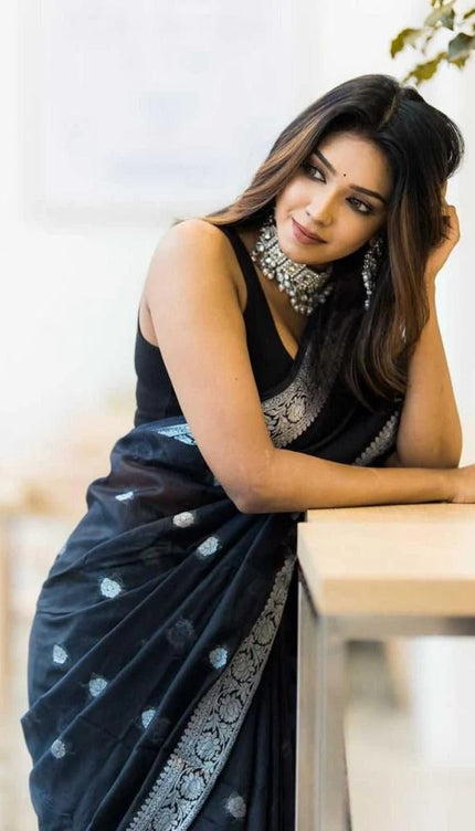 Samaira - Black Soft Silk Saree with Subtle Jacquard and Matching Blouse
