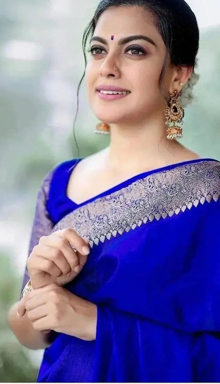 Nayira - Royal Blue Soft Silk Saree with Silver Zari Border and Matching Blouse