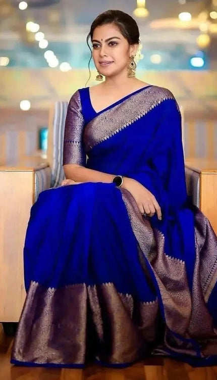 Nayira - Royal Blue Soft Silk Saree with Silver Zari Border and Matching Blouse