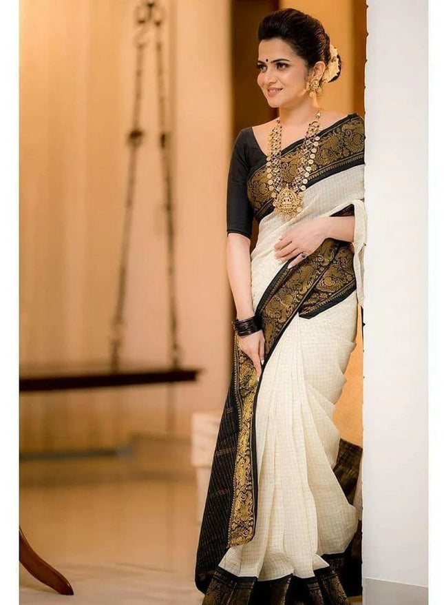 Richa White Banarasi Silk Saree with Black Zari Pallu