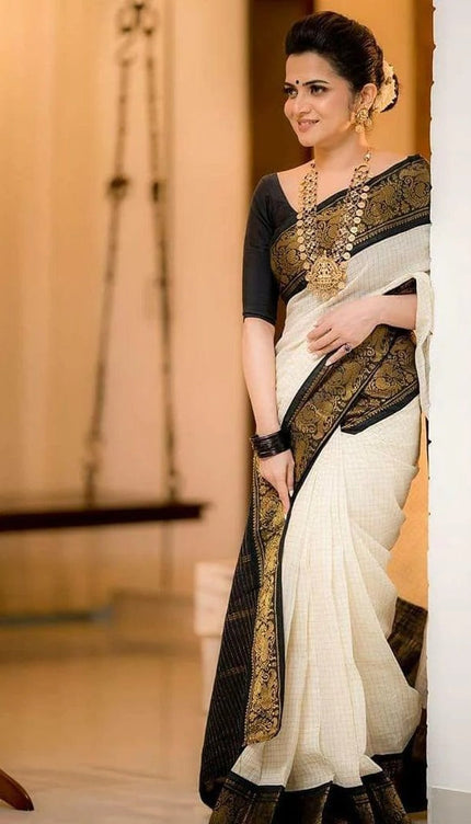 Richa White Banarasi Silk Saree with Black Zari Pallu