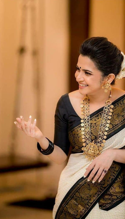 Richa White Banarasi Silk Saree with Black Zari Pallu