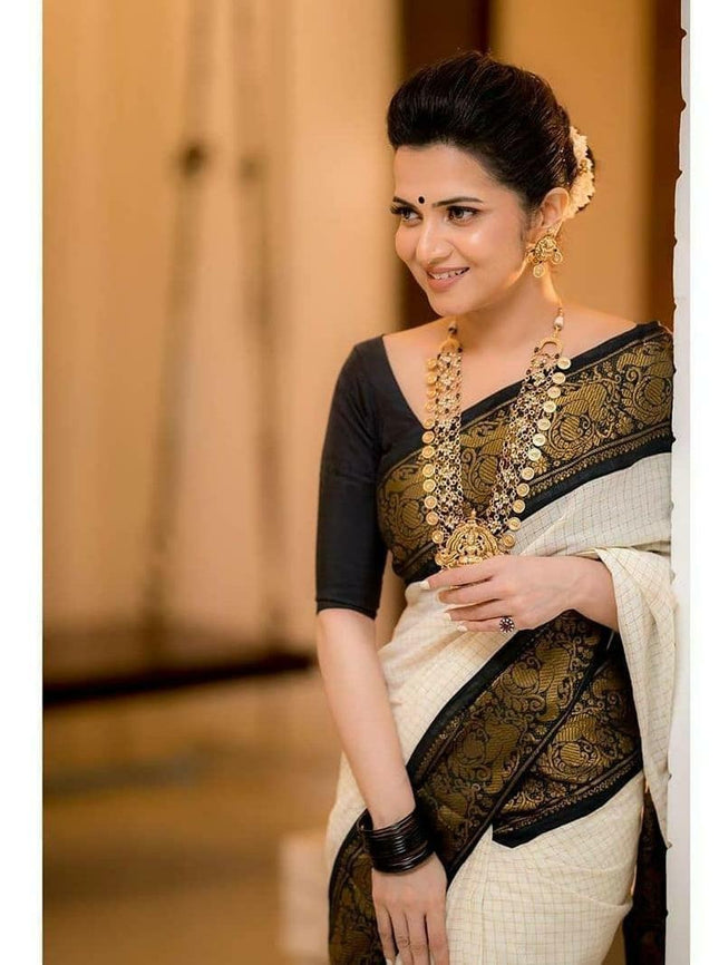 Richa White Banarasi Silk Saree with Black Zari Pallu