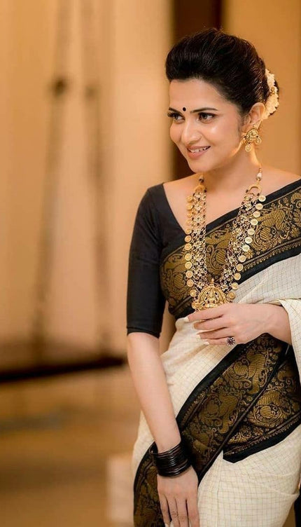 Richa White Banarasi Silk Saree with Black Zari Pallu
