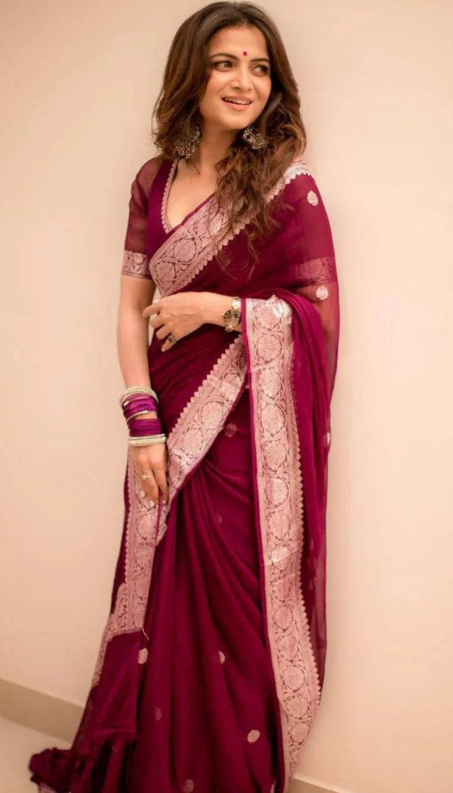 Samaira - Wine Soft Silk Saree with Subtle Jacquard and Matching Blouse