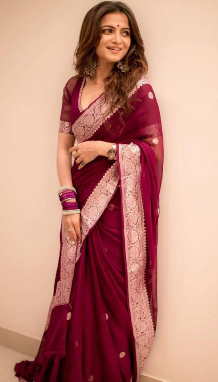 Samaira - Wine Soft Silk Saree with Subtle Jacquard and Matching Blouse