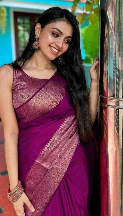 Nayira - Purple Soft Silk Saree with Silver Zari Border and Matching Blouse