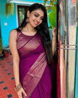 Nayira - Purple Soft Silk Saree with Silver Zari Border and Matching Blouse