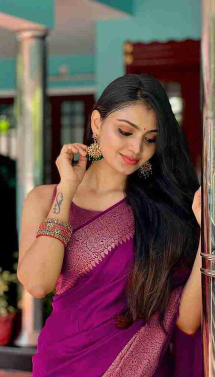 Nayira - Purple Soft Silk Saree with Silver Zari Border and Matching Blouse