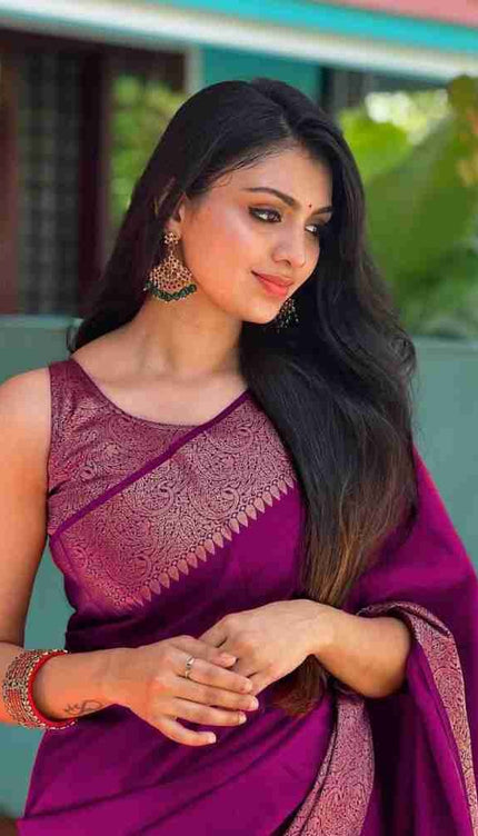Nayira - Purple Soft Silk Saree with Silver Zari Border and Matching Blouse