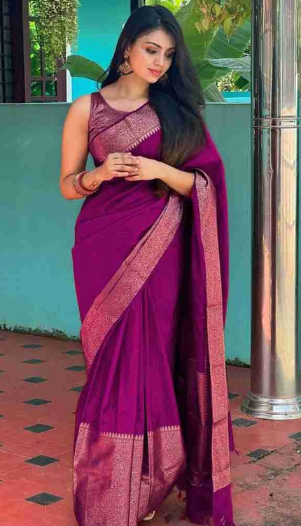 Nayira - Purple Soft Silk Saree with Silver Zari Border and Matching Blouse
