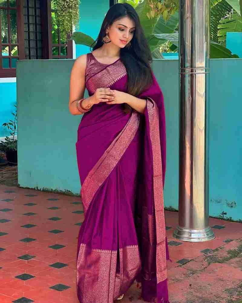 Nayira - Purple Soft Silk Saree with Silver Zari Border and Matching Blouse