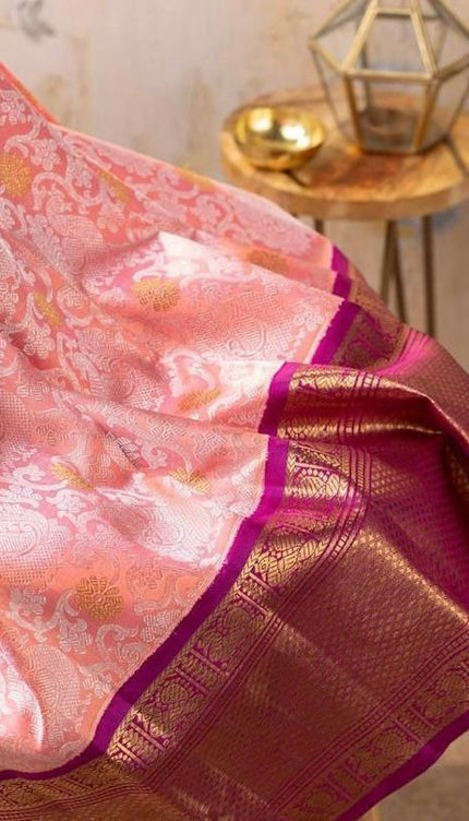 Bhagirathi – Pink Soft Banarasi Silk Saree with Jacquard Weave and Contrast Border