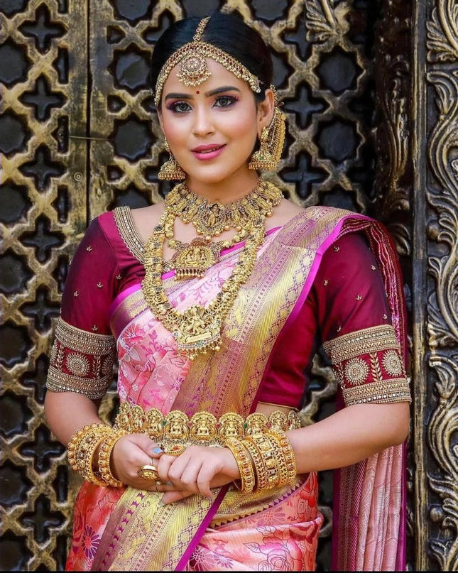 Ishvika - Pink Banarasi Silk Saree with Antique Gold Border and Dark Pink Blouse