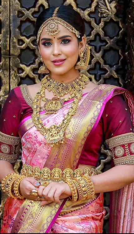 Ishvika - Pink Banarasi Silk Saree with Antique Gold Border and Dark Pink Blouse