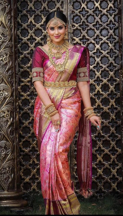 Ishvika - Pink Banarasi Silk Saree with Antique Gold Border and Dark Pink Blouse